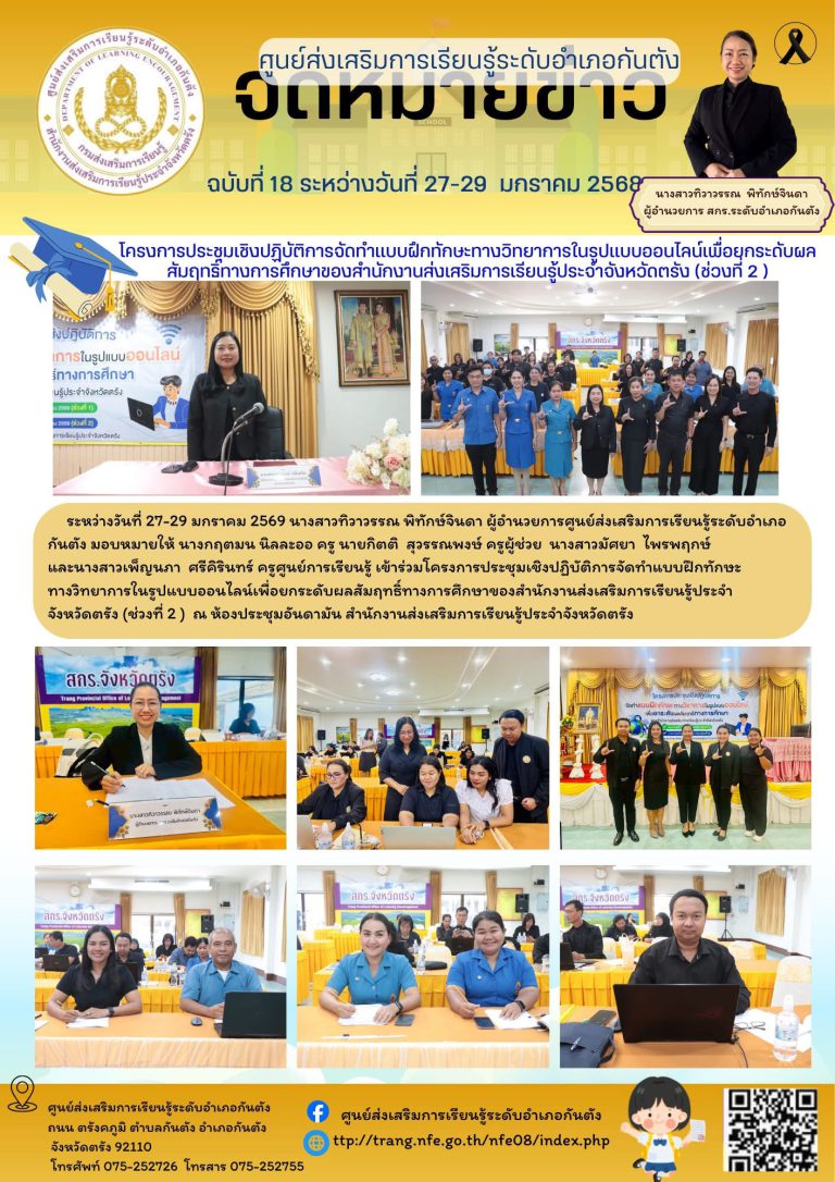 เข้าร่วมโครงการประชุมเชิงปฏิบัติการจัดทำแบบฝึกทักษะทางวิทยาการในรูปแบบออนไลน์เพื่อยกระดับผลสัมฤทธิ์ทางการศึกษาของสำนักงานส่งเสริมการเรียนรู้ประจำจังหวัดตรัง (ช่วงที่ 2 )