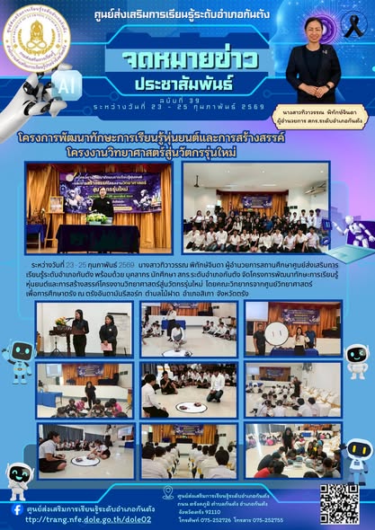 ระหว่างวันที่ 23 – 25 กุมภาพันธ์ 2569 นักศึกษา สกร.ระดับอำเภอกันตัง จัดโครงการพัฒนาทักษะการเรียนรู้หุ่นยนต์และการสร้างสรรค์โครงงานวิทยาศาสตร์สู่นวัตกรรุ่นใหม่ โดยคณะวิทยากรจากศูนย์วิทยาศาสตร์เพื่อการศึกษาตรัง ณ ตรังอันดามันรีสอร์ท ตำบลไม้ฝาด อำเภอสิเกา จังหวัดตรัง