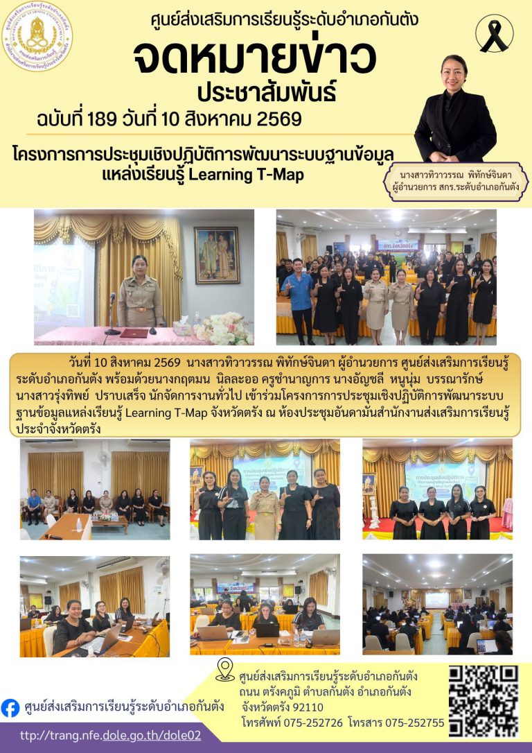 เข้าร่วมโครงการการประชุมเชิงปฏิบัติการพัฒนาระบบฐานข้อมูลแหล่งเรียนรู้ Learning T-Map จังหวัดตรัง ณ ห้องประชุมอันดามันสำนักงานส่งเสริมการเรียนรู้ประจำจังหวัดตรัง