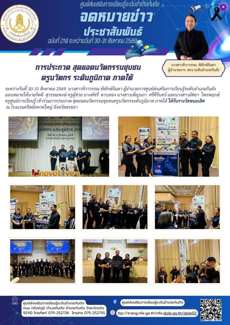 เข้าร่วมการประกวด สุดยอดนวัตกรรมชุมชนครูนวัตกรระดับภูมิภาค ภาคใต้ ได้รับรางวัลเพื่อไปแข่งขันต่อระดับประเทศ