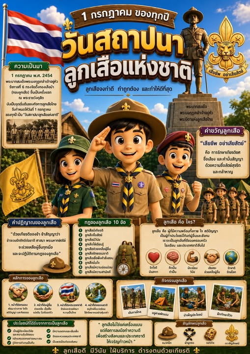 วันที่ 1 กรกฎาคม ของทุกปี วันสถาปนาลูกเสือแห่งชาติ (National Scout Day)
