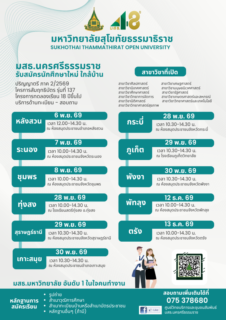 มหาวิทยาลัยสุโขทัยธรรมาธิราช(มสธ.) เปิดรับนักศึกษาใหม่ ณ ห้องสมุดประชาชนจังหวัดตรัง