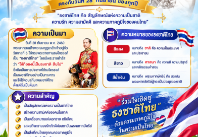 ๒๘ กันยายน วันพระราชทานธงชาติไทย น้อมรำลึกถึง พระบาทสมเด็จพระมงกุฎเกล้าเจ้าอยู่หัว ที่ได้พระราชทานธงไตรรงค์ เป็น ธงชาติไทย